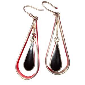 Handcrafted Mexican Vintage 925 Sterling Silver Black Onyx Dangle Earrings